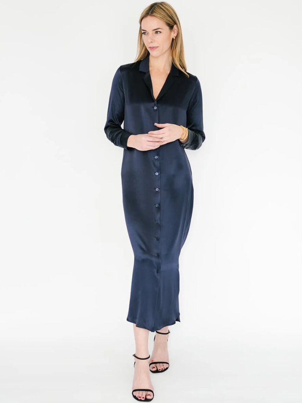 New CCH Serena Dress 100% Silk Midi Midaxi Shirtdress Shiny Navy Blue Size XL